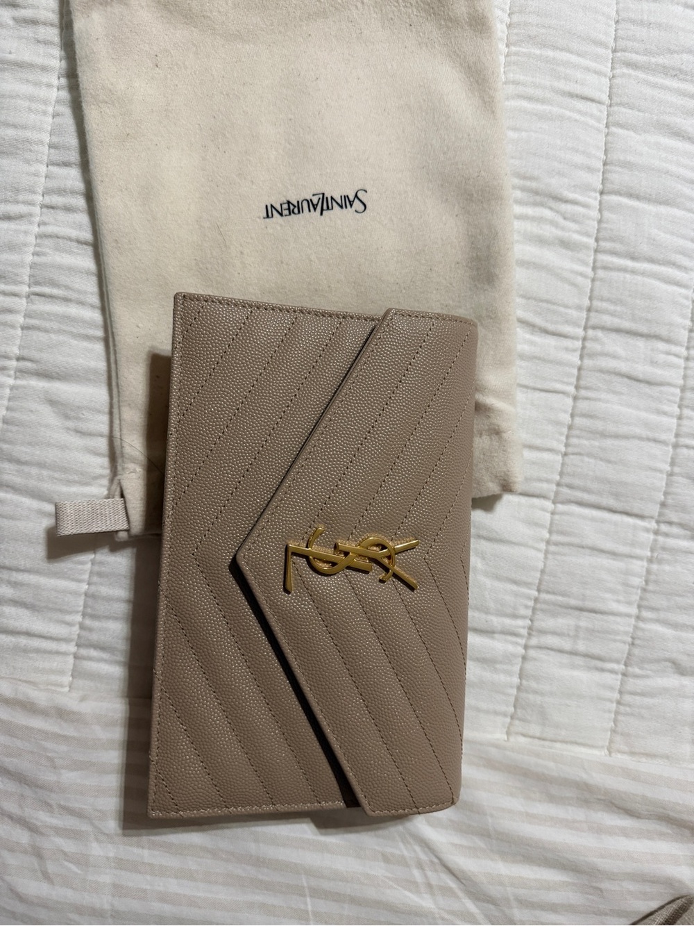 Saint Laurent Taupe Quilted Envelope Wallet with Gold YSL Hardware